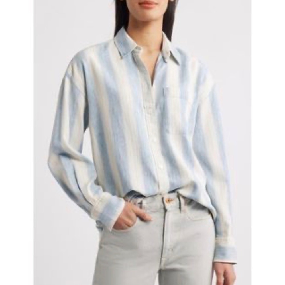 Faherty Linen Oversized Stripe Coastal Boho Button Down Shirt Blue White XS - Picture 6 of 6